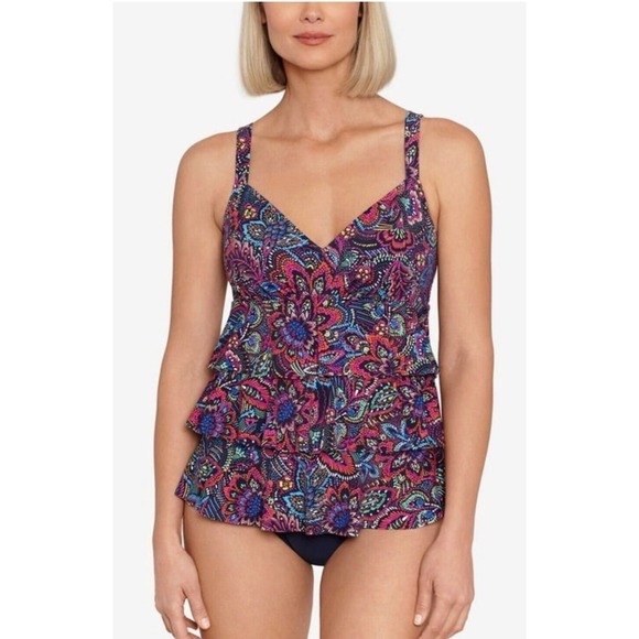 Swim Solutions Other - NWT Swim Solutions Paisley Tiered Tummy Control One Piece Swimsuit 12 Swim Skirt